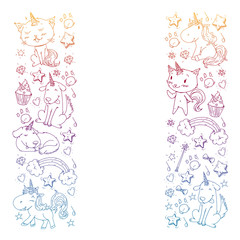 Obraz na płótnie Canvas Pattern with unicorns, rainbow, confetti and other elements. Vector background with stickers, pins, patches in cartoon. Cats and dogs.