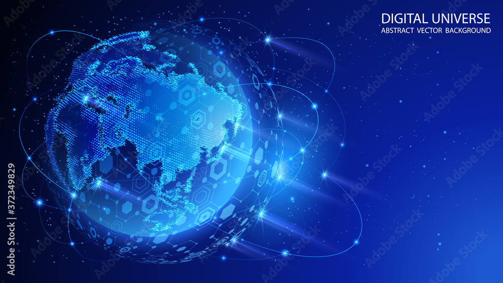 Poster blue abstract technology background. satellites and rockets in orbit of planet earth. global world w