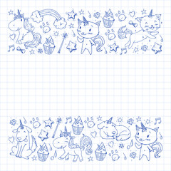 Pattern with unicorns, rainbow, confetti and other elements. Vector background with stickers, pins, patches in cartoon. Cats and dogs.