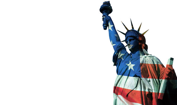 Symbol of America. The statue of Liberty is painted like an American flag. Place for text. United States of America. American statehood. State symbols of the United States.