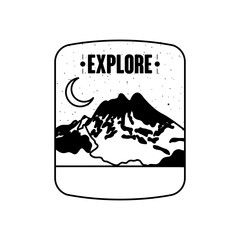 explore badge insignia with snow mountains and half moon, silhouette style