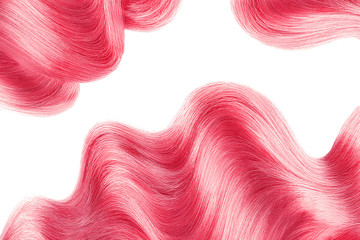 Pink shiny hair isolated on white. Background with copy space