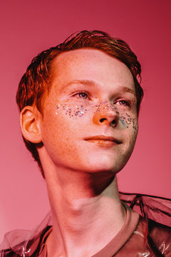 Male model with glitter on face