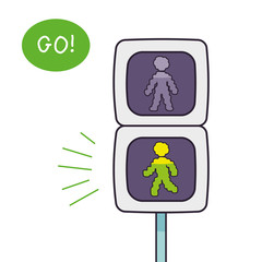 Pedestrian crossing traffic lights with a green signal isolated