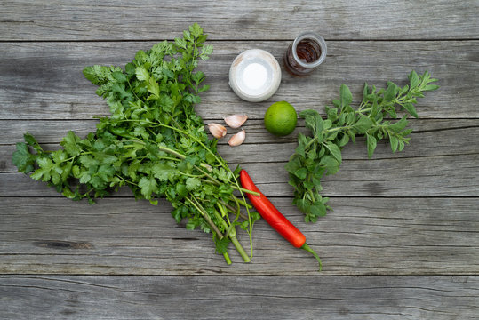 Assembled ingredients for making Chimichurri Pesto