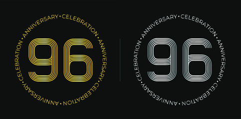 96th birthday. Ninety-six years anniversary celebration banner in golden and silver colors. Circular logo with original number design in elegant lines.