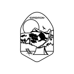 expedition insignia badge with snowy mountains, sun and camping tents, silhouette style