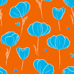 Floral seamless pattern. Red flowers poppy, tulip vector hand drawing. For packaging, fabric, wrapping, background