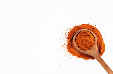 Organic paprika powder in wooden spoon - Text space