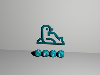 seal 3D icon on the wall and text of cubic alphabets on the floor, 3D illustration for stamp and grunge