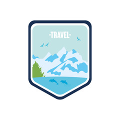 travel emblems with lake and snowy mountains, flat style
