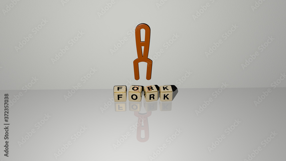 Aufkleber fork text of cubic dice letters on the floor and 3d icon on the wall, 3d illustration for background