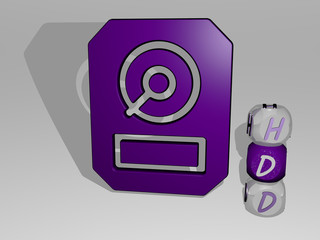 HDD 3D icon beside the vertical text of individual letters, 3D illustration for hard and drive