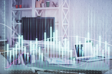 Double exposure of financial graph drawing and office interior background. Concept of stock market.