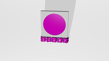 3D graphical image of stamp vertically along with text built by metallic cubic letters from the top perspective, excellent for the concept presentation and slideshows for illustration and grunge