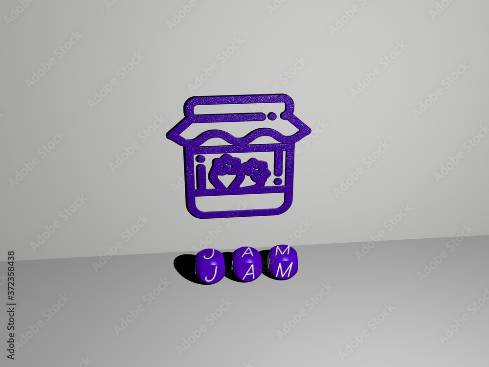 Poster 3d graphical image of jam vertically along with text built by metallic cubic letters from the top pe
