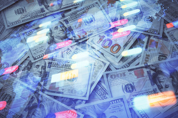 Double exposure of data theme drawing over us dollars bill background. Technology concept.