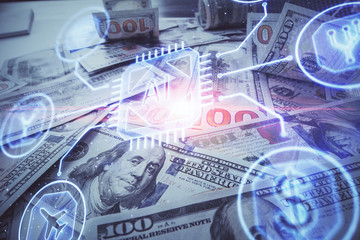 Double exposure of data theme drawing over us dollars bill background. Technology concept.