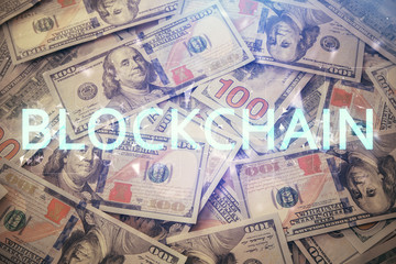 Multi exposure of crypto theme drawing over us dollars bill background. Concept of blockchain success.