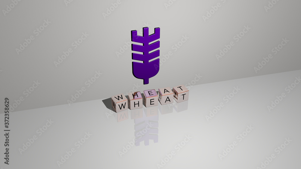 Poster wheat text of cubic dice letters on the floor and 3d icon on the wall, 3d illustration for field and