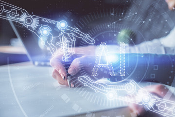 Double exposure of data theme sketch drawing over people writing background. Concept of technology