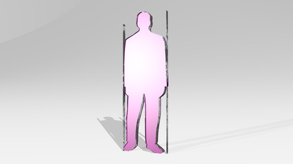 MAN made by 3D illustration of a shiny metallic sculpture on a wall with light background