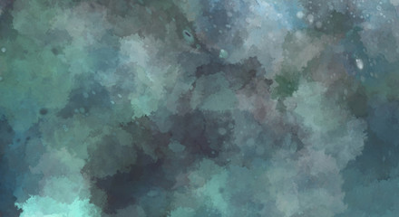 Watercolor painted background with blots and splatters. Brush stroked painting. 2D Illustration.