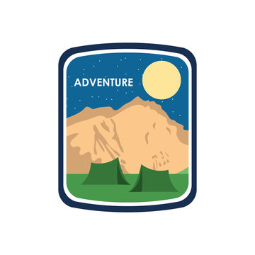 adventure shield insignia with dry mountains and camping tents, flat style