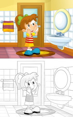 Cartoon sketch kid in the bathroom - girl washing up face illustration