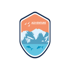 adventure insignia with snowy mountains, flat style