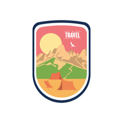 badge shield with dry mountains and sun, flat style