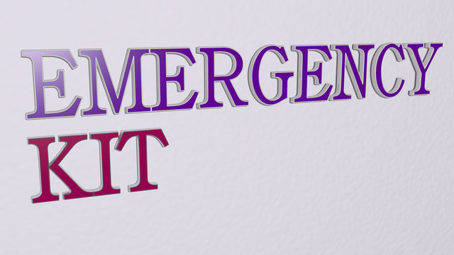 EMERGENCY KIT text on the wall, 3D illustration for care and background