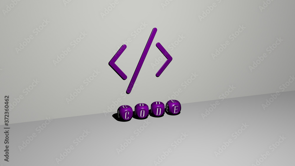 Poster code 3d icon on the wall and text of cubic alphabets on the floor, 3d illustration for background an