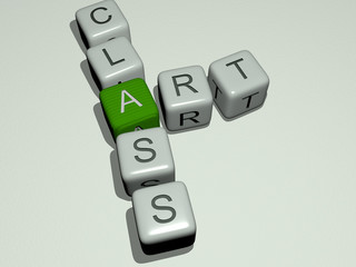 art class crossword by cubic dice letters, 3D illustration for background and abstract