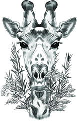 Fototapeta na wymiar portrait of a giraffe with flowers and leaves on a green background black and white vector illustration