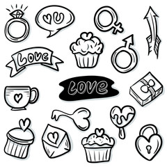 Doodles Love elements set. Cute hand drawn icons such us hearts, letter, coffee, gift, etc. suitable for Valentine's day and wedding.
