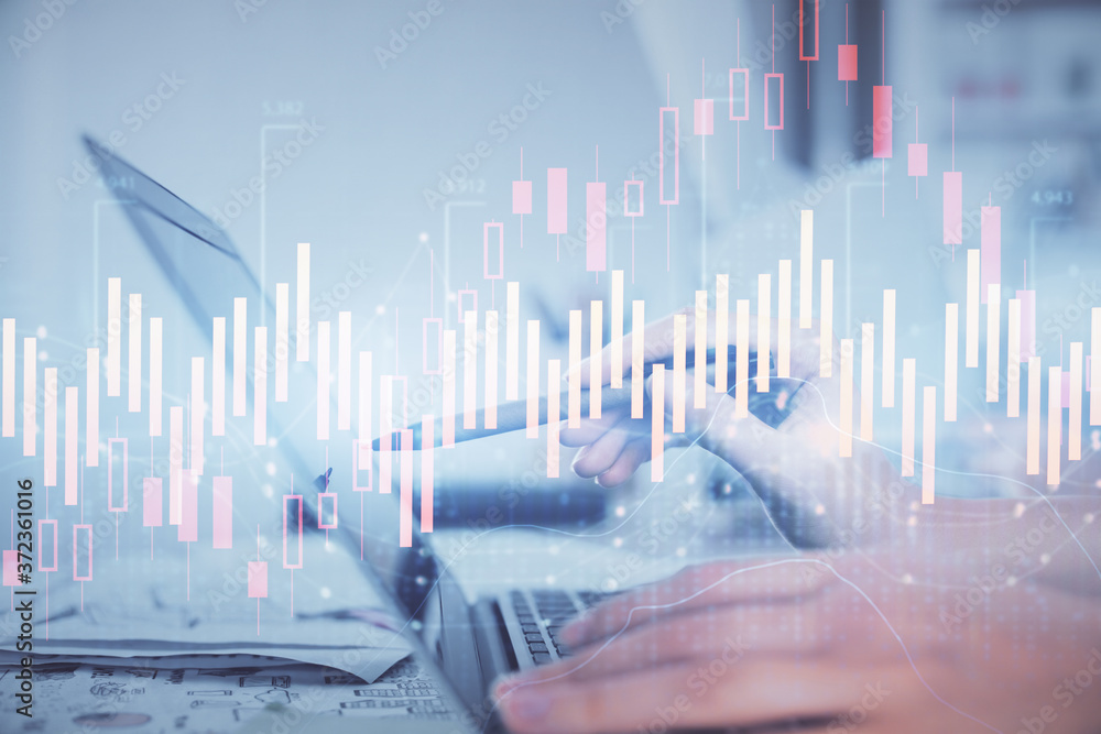 Poster multi exposure of woman hands typing on computer and financial graph hologram drawing. stock market 