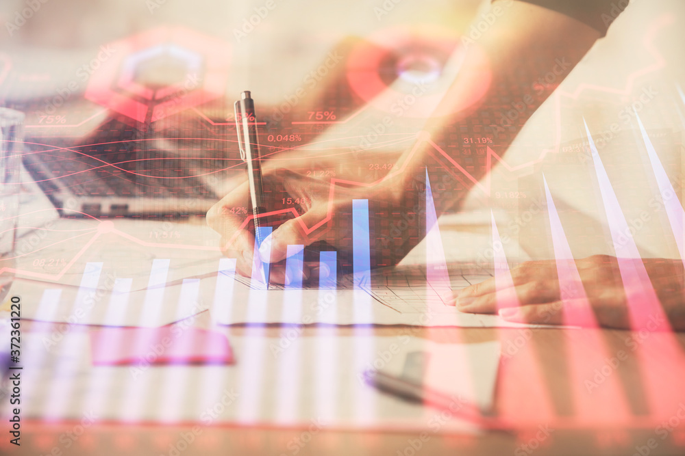 Aufkleber multi exposure of woman hands typing on computer and financial chart hologram drawing. stock market 