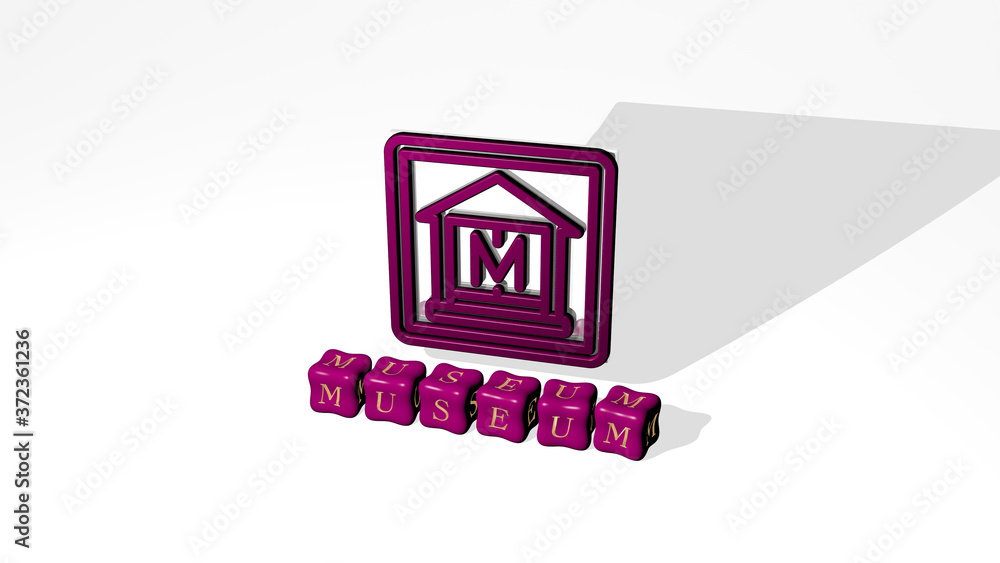 Poster 3D representation of MUSEUM with icon on the wall and text arranged by metallic cubic letters on a mirror floor for concept meaning and slideshow presentation for editorial and architecture