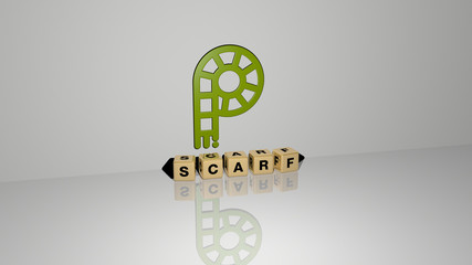 SCARF text of cubic dice letters on the floor and 3D icon on the wall, 3D illustration for background and beautiful