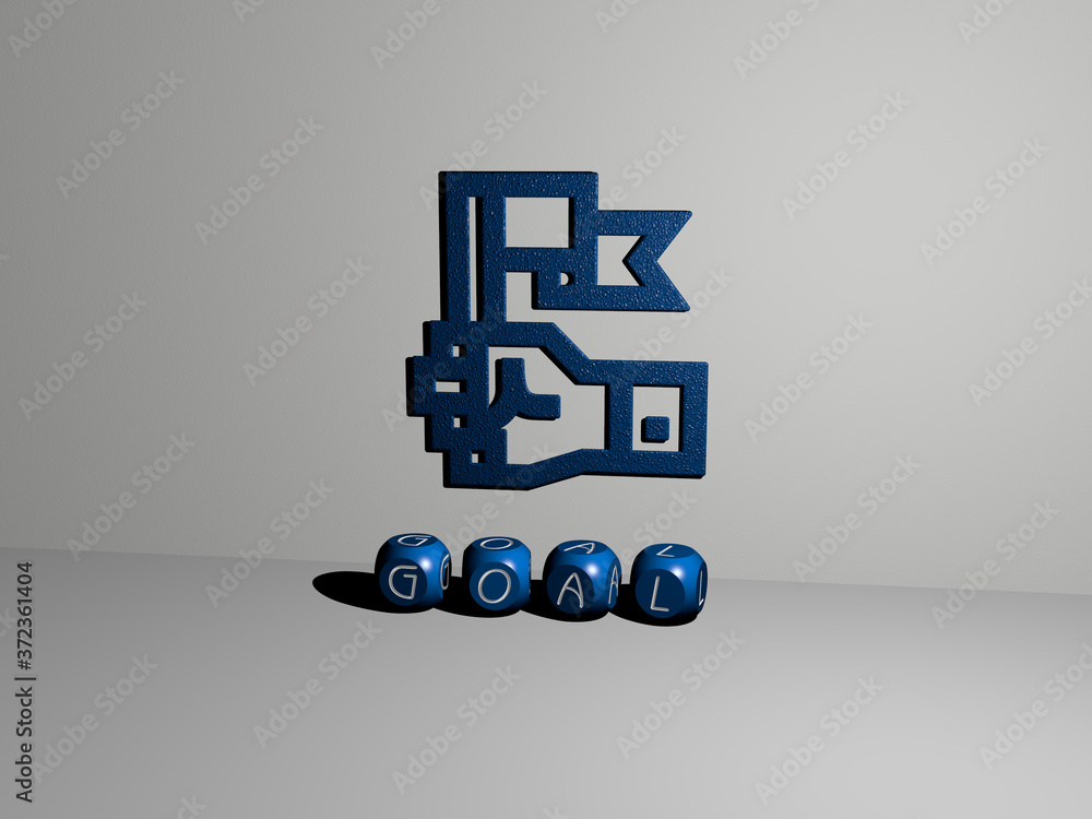 Poster 3d illustration of goal graphics and text made by metallic dice letters for the related meanings of 