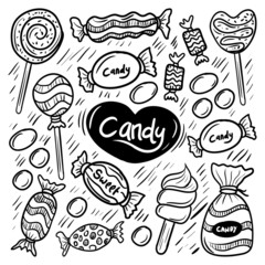 Doodle Sweet candies set, such us hard candy, chocolate bonbons, licorice, marshmallow twists, cake pops, dragee. Vector illustration in sketch and hand drawn style
