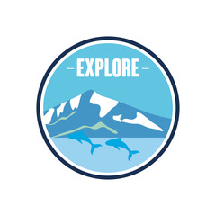 round insignia badge with explore design with snowy mountains and dolphins, flat style