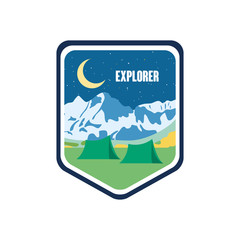 shield badge with camping tents and snoe mountains, flat style