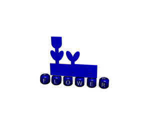 FLOWER cubic letters with 3D icon on the top, 3D illustration for background and beautiful