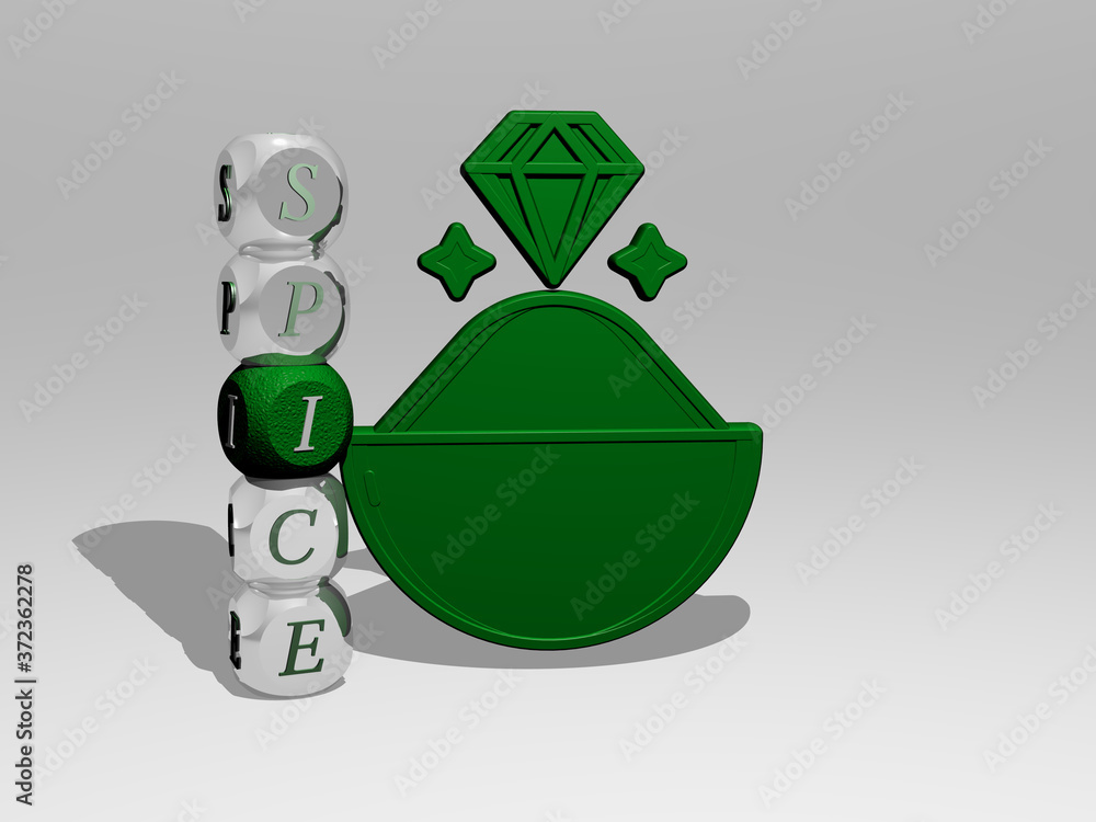 Poster 3d representation of spice with icon on the wall and text arranged by metallic cubic letters on a mi