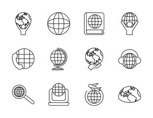 global spheres and world icon set, line style