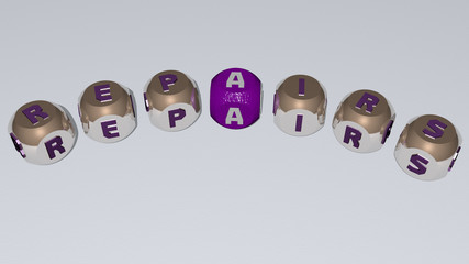 REPAIRS curved text of cubic dice letters, 3D illustration for construction and background