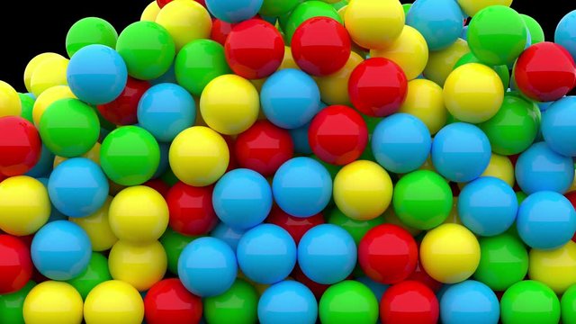 3D Colorful plastic balls pouring a pool / screen on a black background with alpha matte. Candy / dragee filling a screen. Falling colored pills.
