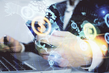 Multi exposure of man's hands holding and using a digital phone and forex graph drawing. Financial market concept.